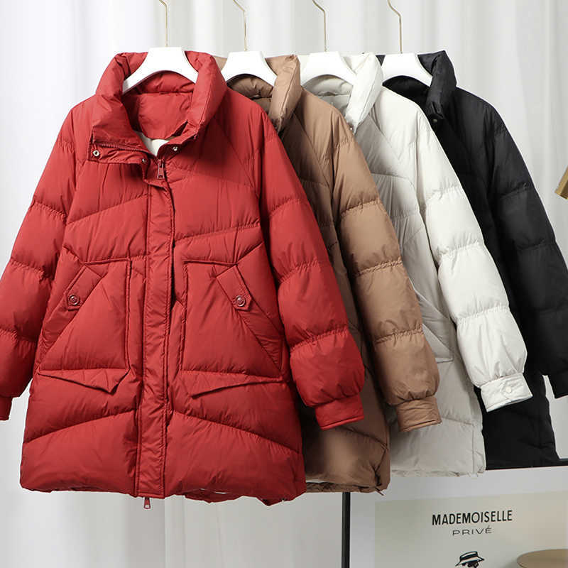 Janveny Winter Autumn Puffer Jacket Women 90% White Duck Down Coat Female Middle Long Loose Bread Coats Feather Parkas Outwear 211018