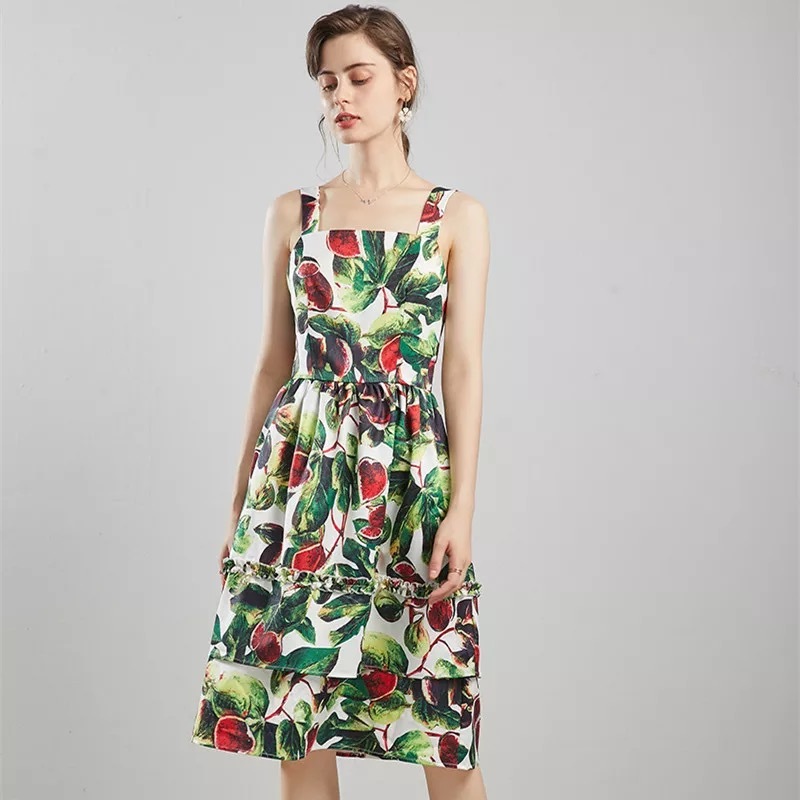 summer dress spaghetti green flower printed A-line ruched party beach boho dresses women casual vintage vestidos 210421