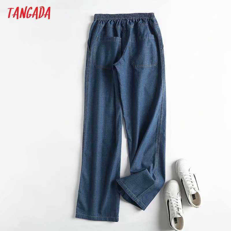 Tangada Fashion Women High Quality Loose Jeans Pants Long Trousers Strethy Waist Pockets Buttons Female 4C144 210922