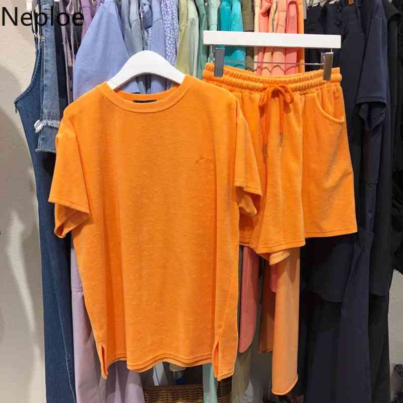 Neploe Women Sets Summer Tracksuit O Neck Short-sleeved T-shirt + Elastic Waist Casual Shorts Loose Two-piece Suit Female 4l238 210422