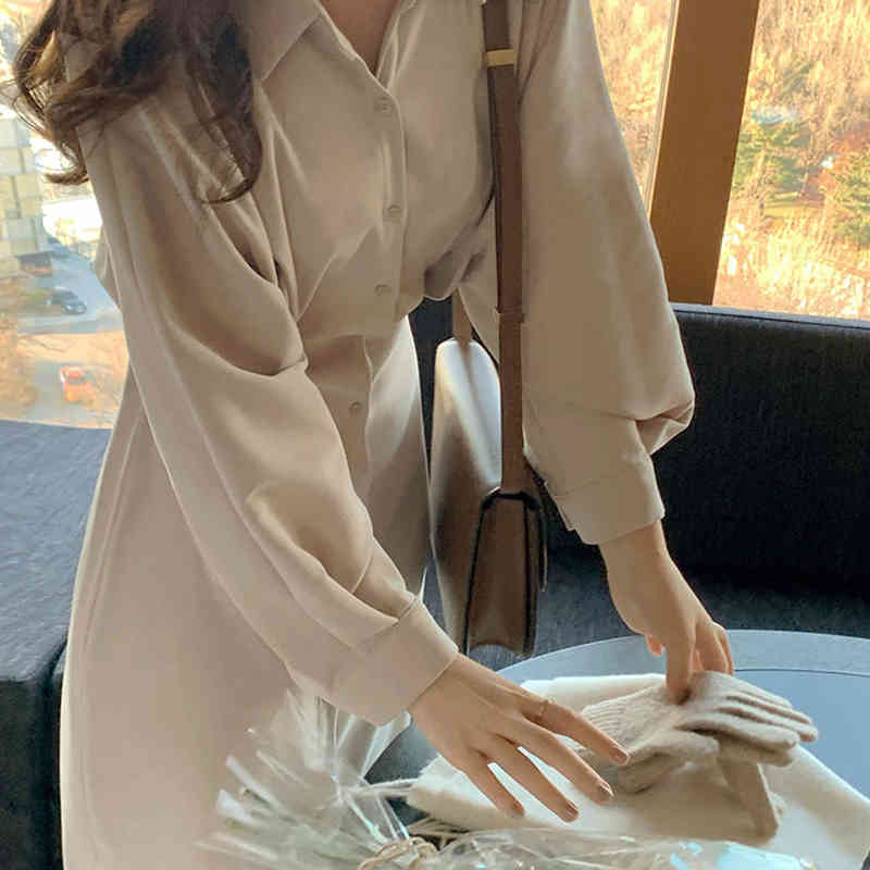 LoveFlowerLife Women Spring Fashionable Elegant High Waist Vintage Korean Lace Up Long Dress Autumn Dresses Shirt 210521