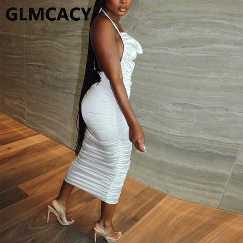 Halter Backless Bodycon Ruched Midi Dress Elegant Evening Party Dress 210702