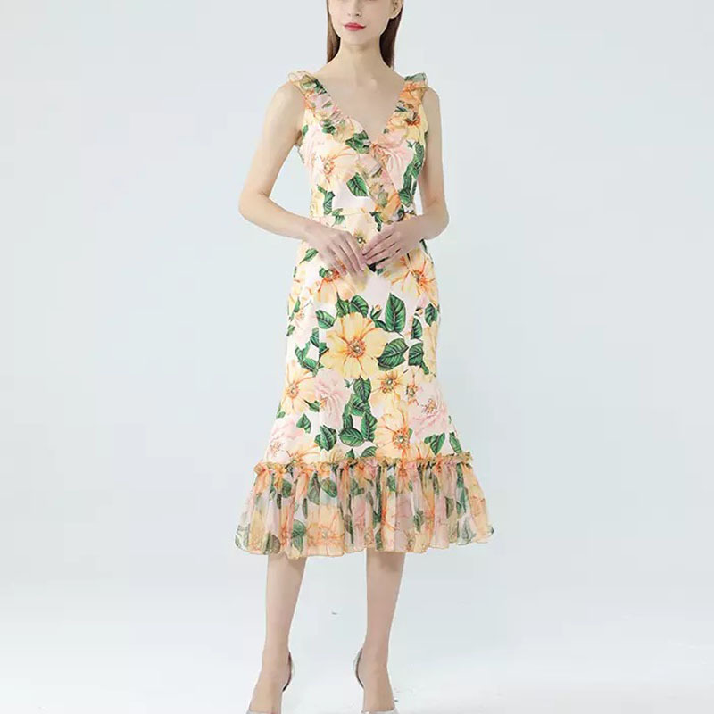 summer dress for women boho rose flower printed yellow floral sleeveless ruchend mermaid midi dresses chic england style 210421