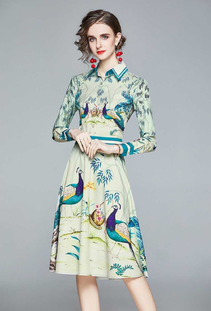 Vintage Women Turn-Down Collar Long Sleeve Party Dress Fashion Sexy Lady Elegant Slim Peacock Printed Dresses Vestidos 210525