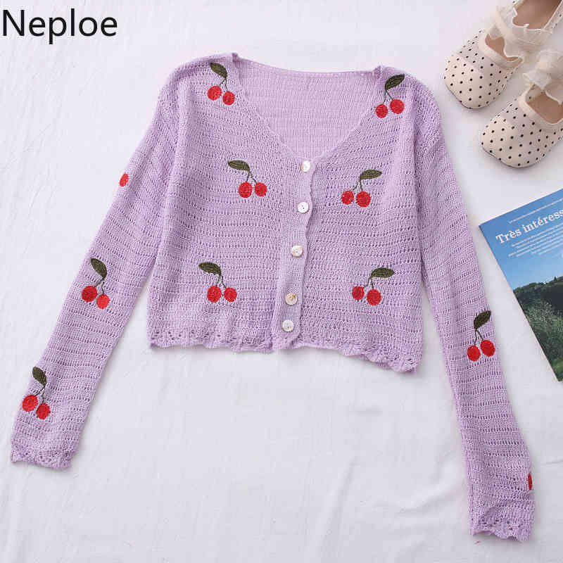 Neploe Cropped Cardigan Sweet Knitted Sweaters Embroidery Cherry Thin Coat Hollow Out Sun Protection Coat Tops Female 95087 210422
