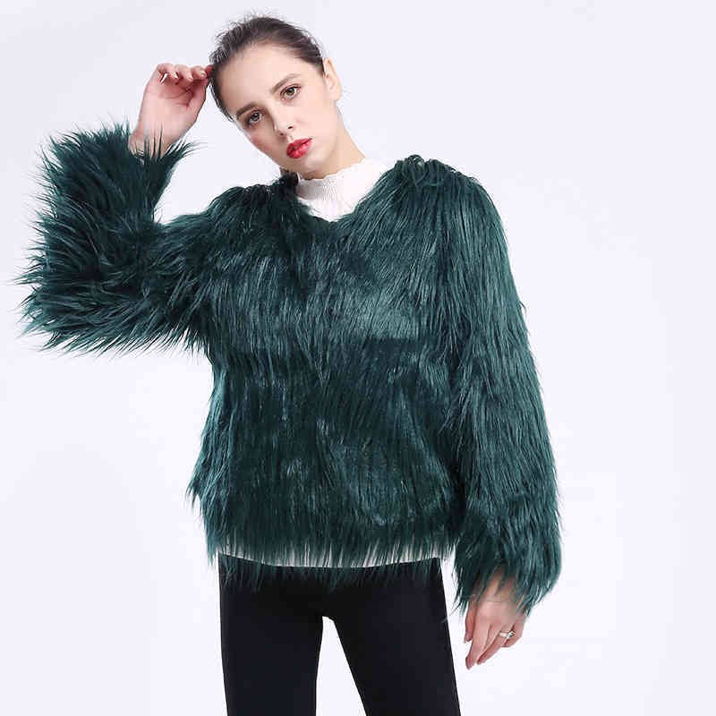 Furry Fur Coat Women Fluffy Warm Long Sleeve Outwear Winter Jacket Hairy Collarless Overcoat Plus Size 6XL 210428