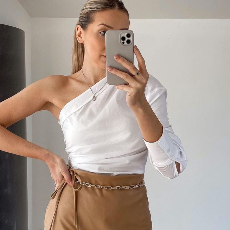 Chic Women One Shoulder Cotton Shirts Summer Fashion Ladies Asymmetric Soft Tops Vintage Female Casual Shirt Stylish 210430