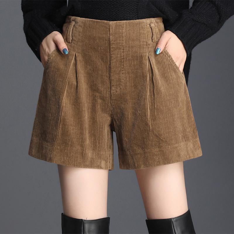 Korean Fashion Womens Female Elastic High Waist Black Wide Leg Corduroy Shorts , 2021 Winter Fall Casual For Women Women's