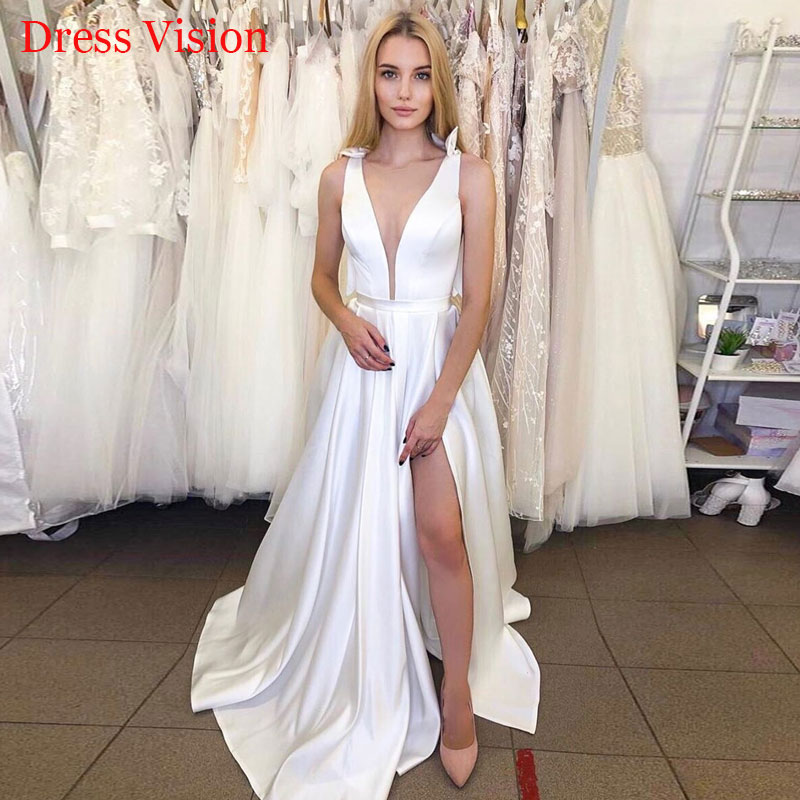 Simple Satin Deep V-neck Wedding Dresses Vestidos De Novia Robe De Soire De Mariage Wedding Gown Side Slit, White
Simple Satin Deep V-neck Wedding Dresses Vestidos De Novia Robe De Soire De Mariage Wedding Gown Side Slit, White