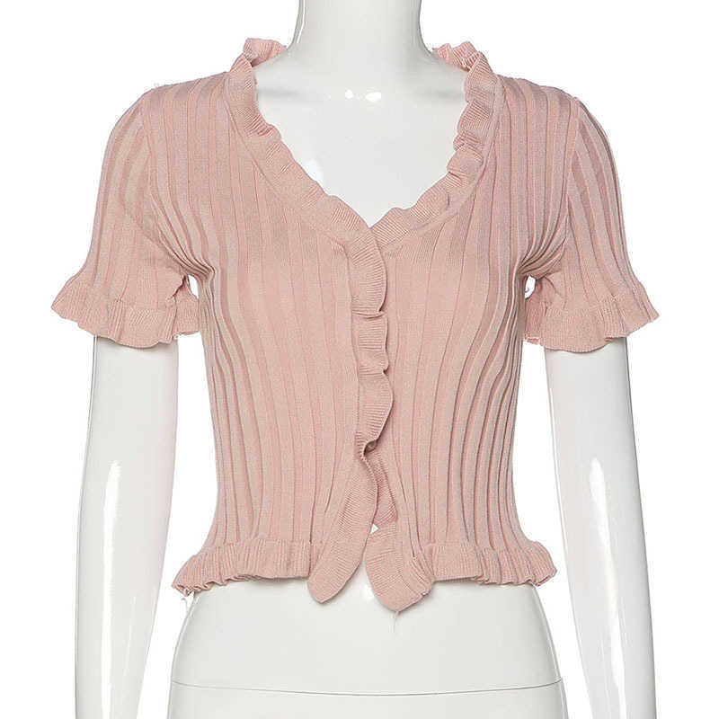 Plain pleated top, jacket with a row of buttons, K-pop, V-neck, short sleeve knitted T-shirt, fashion casual T-shirt 210602