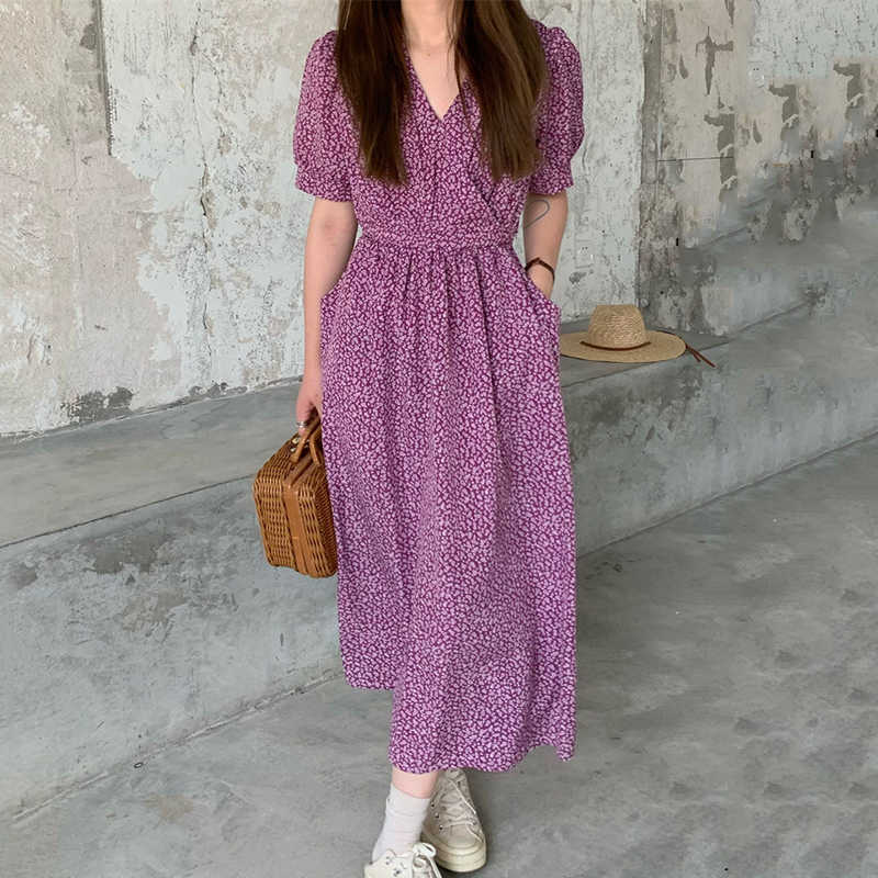 Korejpaa Women Dress Summer Korean Temperament Gentle Floral V-Neck Cross Tie Waist Slimming Pocket Puff Sleeve Vestidos 210526