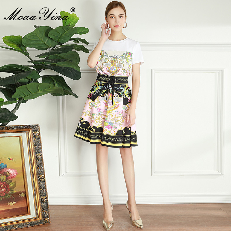 Fashion Runway Summer Casual Print Skirt Suit Women's Short Sleeve White Top+High waist Mini 2 Piece 210524