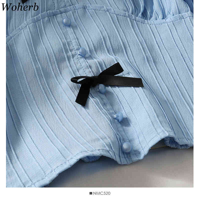 Women Blouses V Neck Puff Short Sleeve SlimCrop Top Korean Bowknot Stripes Elegant Shirts Summer Chic Blusas Mujer 4i657 210519