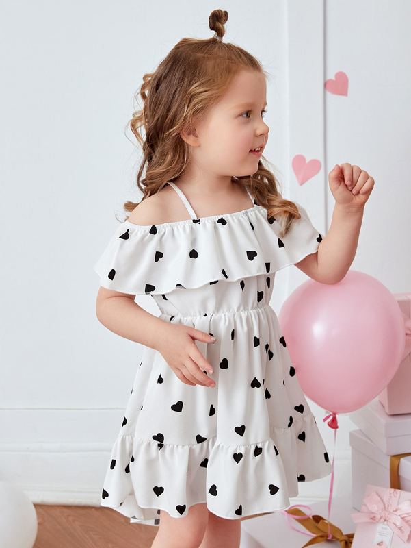 Toddler Girls Heart Print Cold Shoulder High Low Ruffle Hem Dress SHE