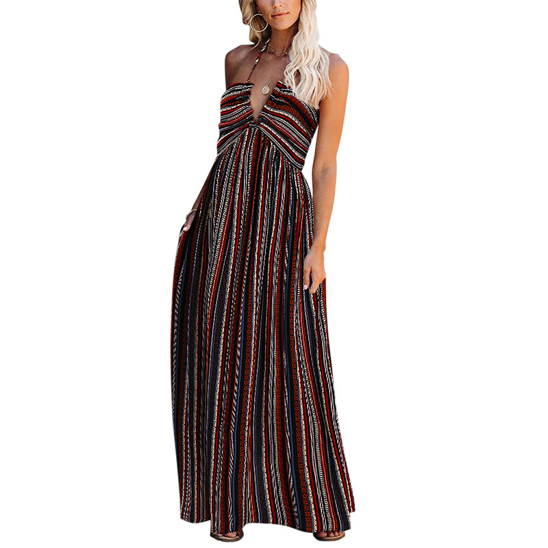Women Dress V Neck Sleeveless Printed Bohemia es Sexy Long Floral Maxi Backless Bandage Plus Size es 210513