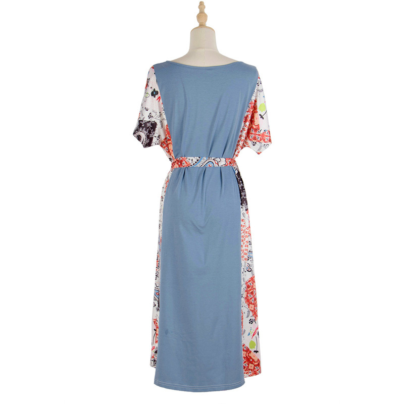 Round Neck Color Block Print Loose Dresses Summer Women Short Sleeved Knee Length Casual Dress Ladies with Belt 210510