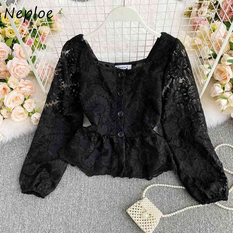 Neploe French Lace Hook Flower Elegant Blouse Women Square Collar Sexy Clavicle Exposed Slim Blusas Spring Long Sleeve Shirt 210423