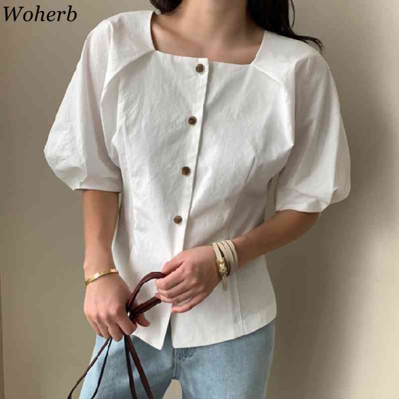 Square Collar Loose Office Lady Shirts Stylish Short Puff Sleeve Girls Single-breasted Blusas Femme Casual OL Blouse 210519