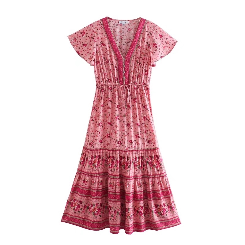 3 COLORS BOHO Buttons V neck Floral print Bohemia Dress Summer Ethnic Woman Short Sleeve Tie Bow Strappy Maxi Long Dresses 210429