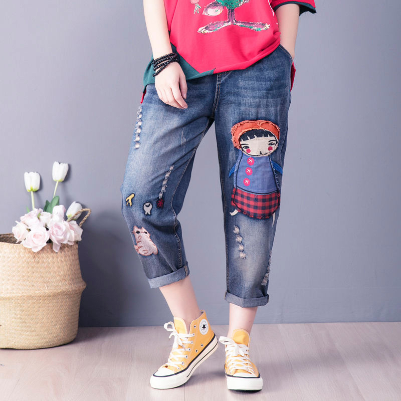 Spring Arts Style Women Elastic Waist Loose Jeans Vintage Embroidery Cartoon Patchwork Denim Harem Pants Plus Size S620 210512