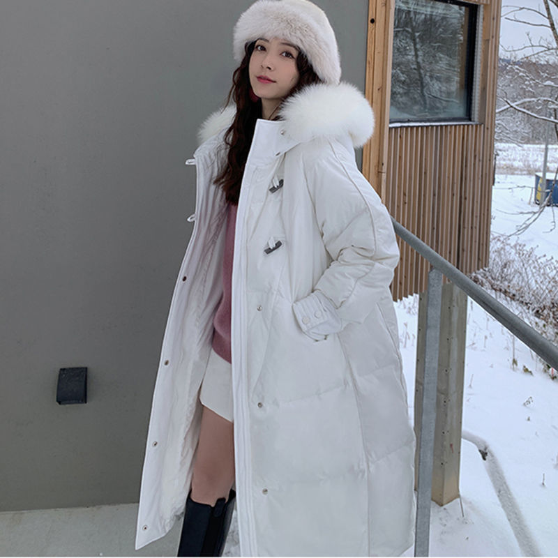 Winter Real Raccoon Fur Long Down Jacket Vintage Female 90% Duck Coat Loose Hooded Lady Thick Warm Overcoat 210510