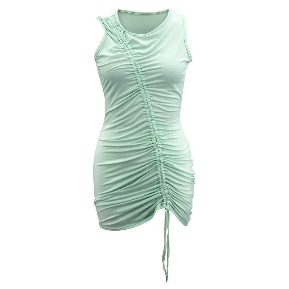 Summer Dress Women Sexy O Neck Drawstring Wrinkle Bandage Tight Elegant Sleeveless High Waist Slim Wrap Hips Mini es 210526