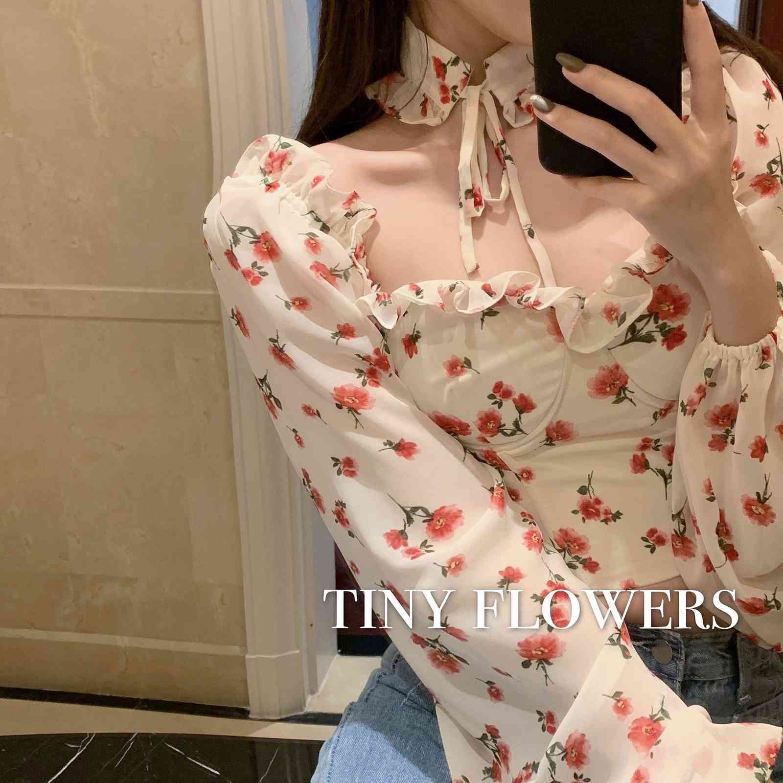 flower print sexy club floral short women tops blouse bodycon slim shirts choker ruffles lace up top blusas mujer de moda 210421