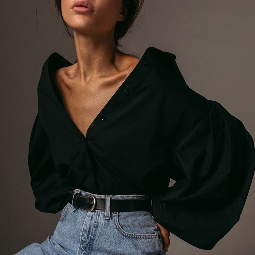 Lantern Sleeve Elegant Shirt Sexy V Neck Button Vintage Blouse Turn Down Collar Office Lady Loose Oversized Female Casual 210428