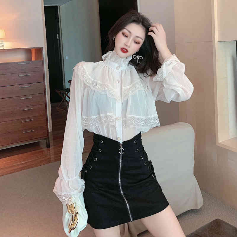Sweet Lace Ruffles Patchwork Chiffon Shirt Female Spring Korean Fashion Elegant Stand Collar Flare Sleeve Casual Blouse 210519