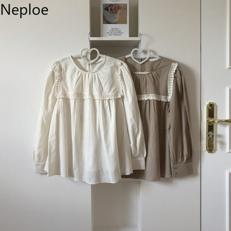 Neploe Korean Chic Blouse Women Lace Patchwork Shirt Female O-neck Lantern Sleeve Blouses Tops Blusas Mujer De Moda 4F991 210422