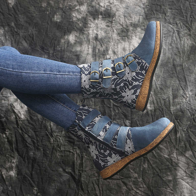 Socofy Women Boots Retro Printed Metal Buckle Soft Leather Zipper Ankle Boots Ladies Shoes Women Botines Mujer 211021