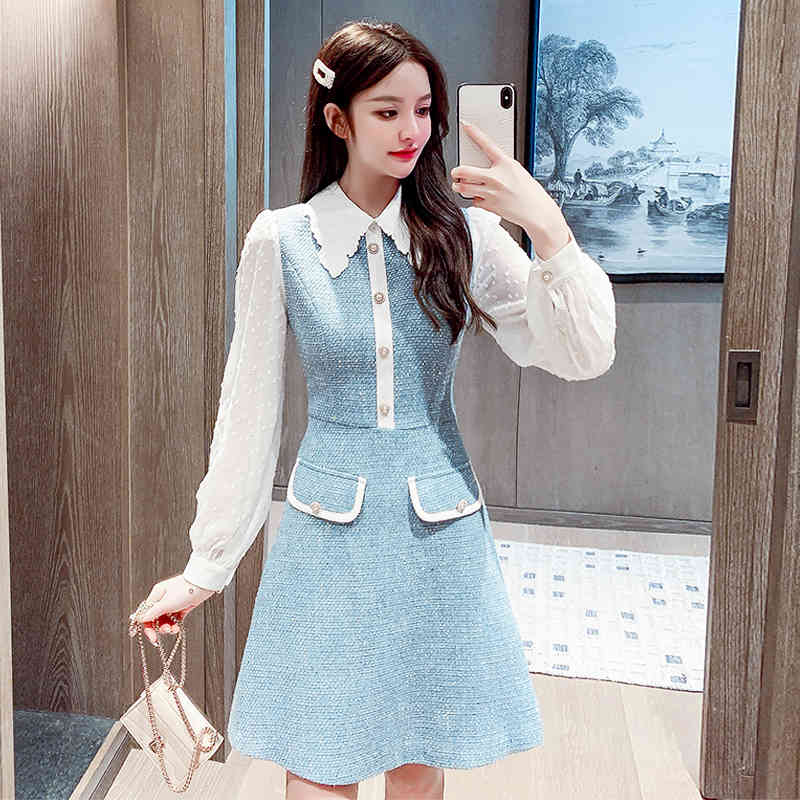 Autumn And Winter Patchwork Tweed Dress Women Long Sleeve Vintage Runway Korean Elegant Office Vestido Da Festa 210520