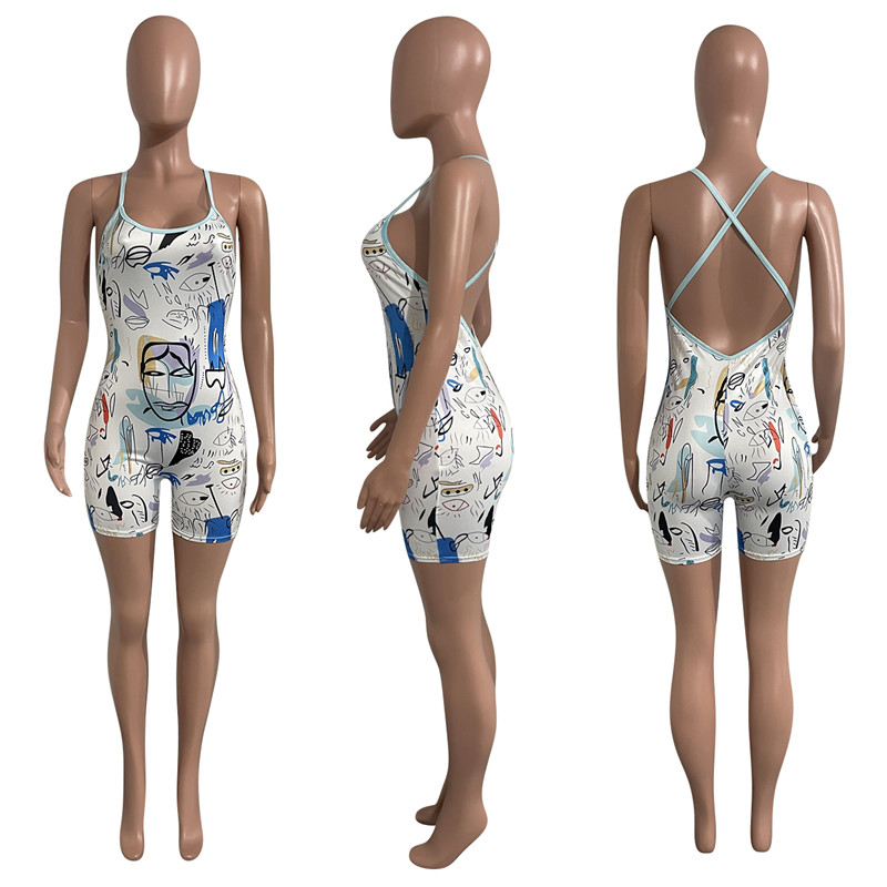 Wholesale Sexy Backless Jumpsuits Women Print Rompers Summer clothes Casual Bodycon Bodysuits Night Club Wear Skinny Sleeveless Overalls Bulk 6919