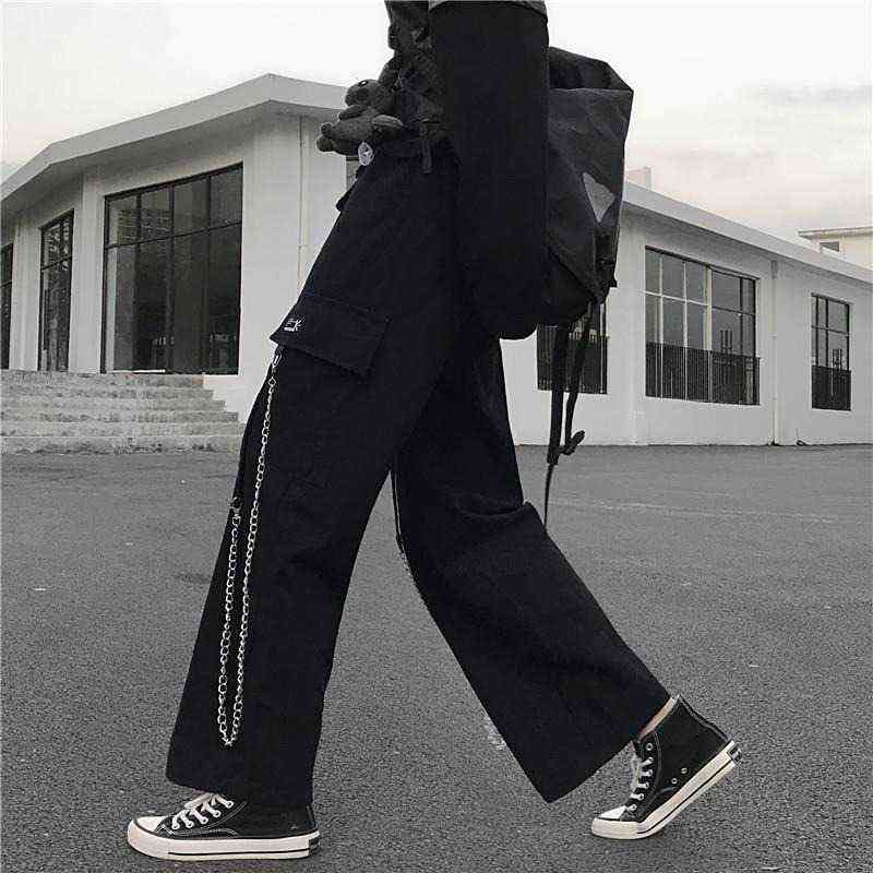 QWEEK Gothic Harajuku Cargo Pant Punk Chain Wide Leg Korean Style Oversized Streetwear Trousers Female Techwear Emo 211124