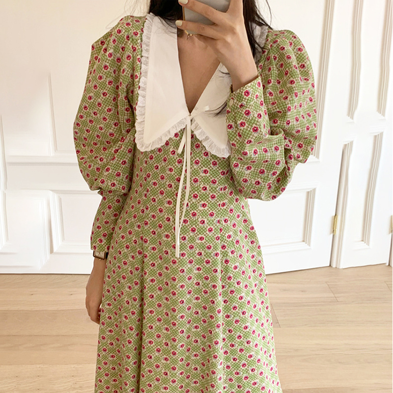 Korean Sweet Peter Pan Collar Vestidos Chic Lantern Sleeve Fashion Women Dresses Spring Print Slim Waist Femme Robe 210519