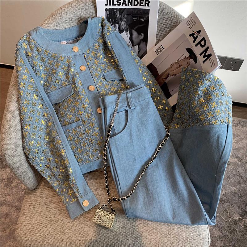 Women Suits: Sequined Embroidery Jacket with High Waist Wide Leg Trousers - Two Piece Denim Pants Set for Stylish Outfits C260312