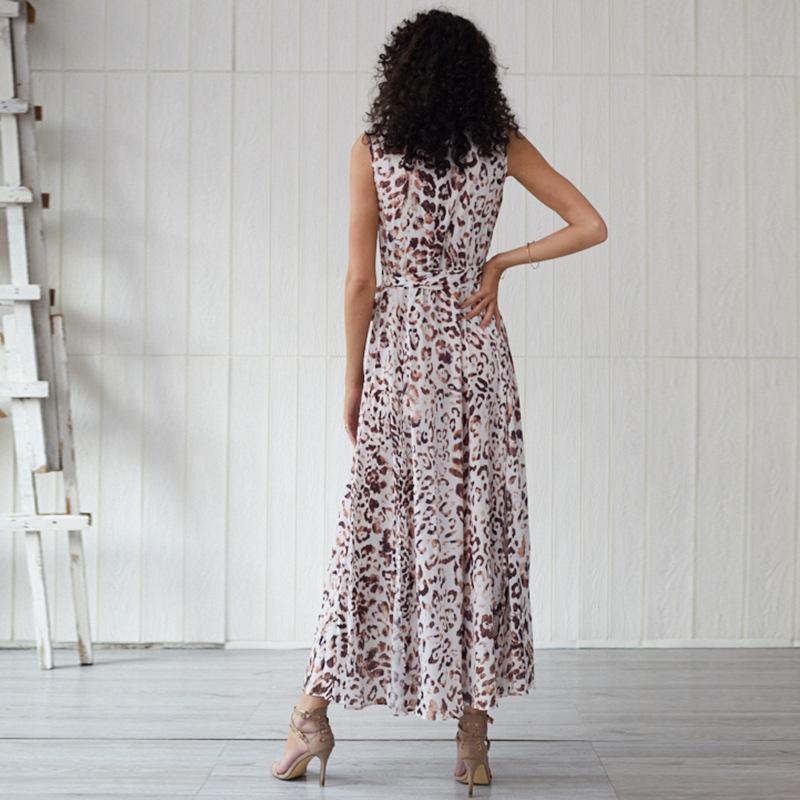 Women Bohemian Split Leopard Dress Elegant V-neck Empire A-line Ladies Frocks Casual Sleeveless Vestidos Bandage Maxi Dresses