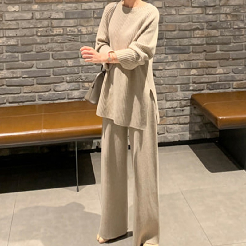 Women's Knitted Suits Winter Fashionable Pants Set Loose Thick Sweaters Wide Leg Trousers Two-piece 210506
