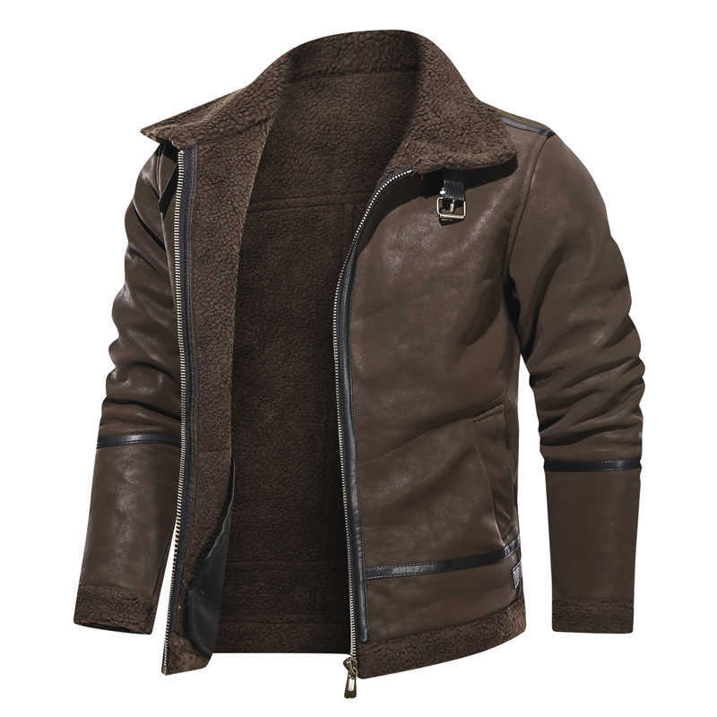 Men's Fleece Liner Leather Jackets winter Casual Fur Collar PU Biker Leather Jackets lapel Slim Thick Warm Coats Windbreakers 210603