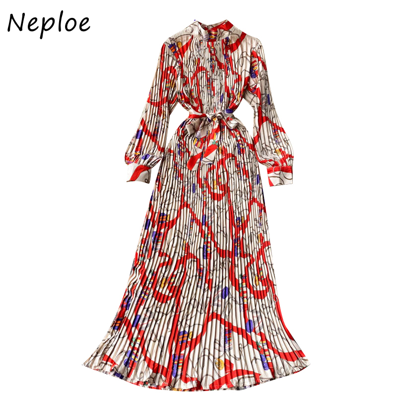 Neploe Vintage Bohemian Holiday Maxi Dress Women High Waist Hip A Line Draped Vestidos O Neck Long Sleeve Print Pleated Dresses 210422