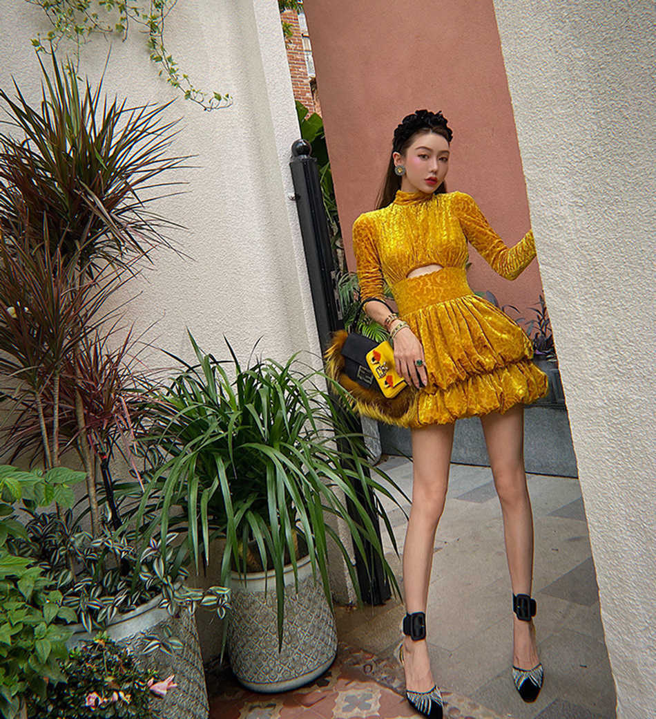 Sexy Bodycon Velvet Mini Dress Golden Ladies Autumn Long Sleeve Hollow High Neck Party Female Vestido 210527