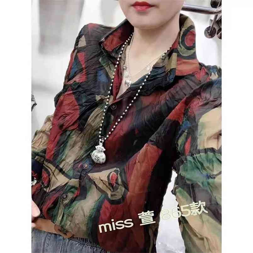 Summer European Style Women Long Sleeve Vintga Print Blouse Loose Turn-down Collar Single Breasted Casual Shirts W185 210512