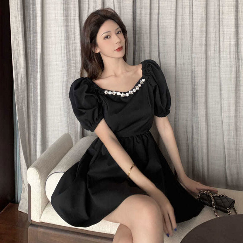Summer Short Sleeve White Elegant Dress Women Square Collar Mini Dress Evening Party Dress for Females Korean Style Chic 210521