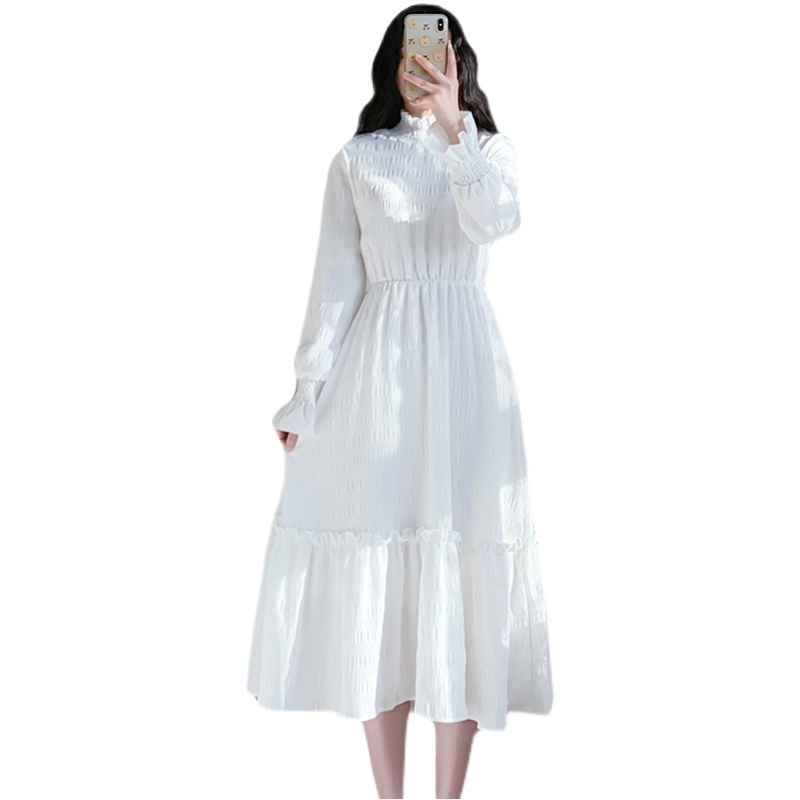 Spring Summer Elegant Women Dresses Flare Sleeve Turtleneck Elastic Waist Party White Dress Mujer Vestidos Drop 210514