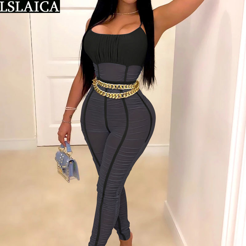 Women Jumpsuit Spaghetti Strap Solid Color Backless Sexy Bodysuit Streetwear Mesh See Through Club Skinny 210520