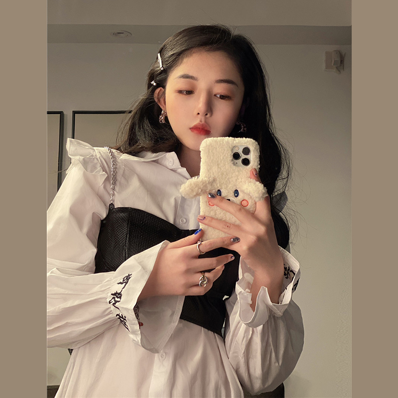 Casual Loose White Lapel Flare Sleeve Shirts Dress Women Mini + Sexy Black PU Leather Camisole Tops Fashion Retro Street High 210429