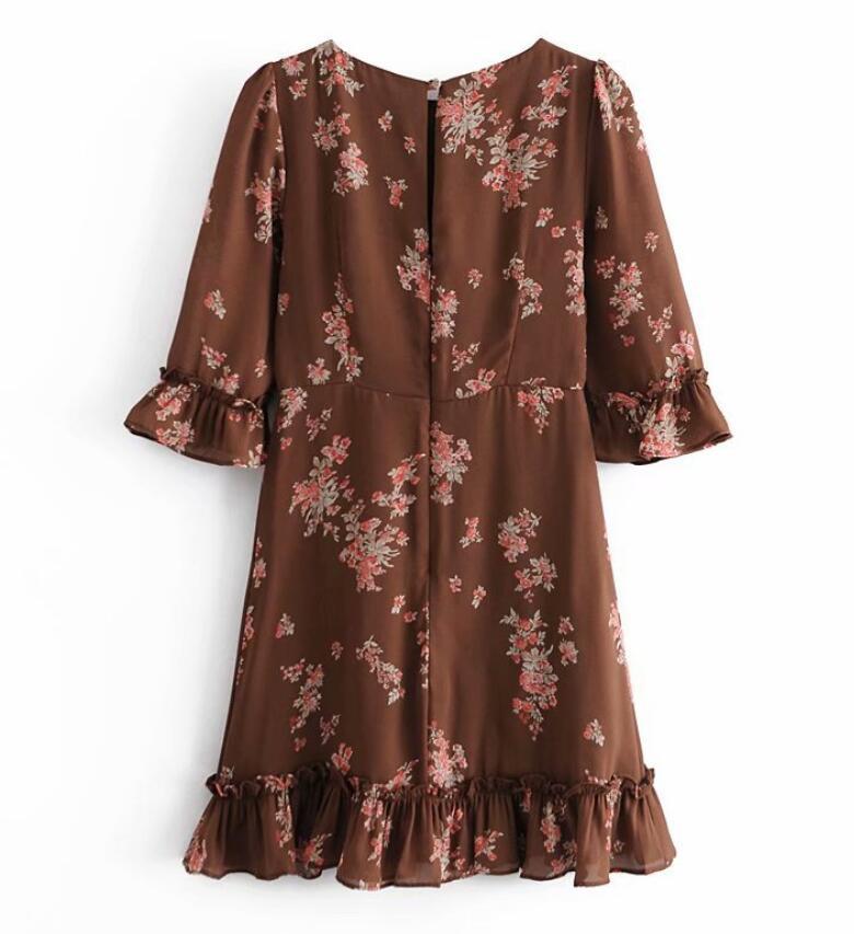 Spring Women BOHO Coffee Flower Print Short Dress Sexy Ladies Spliced Wood ears Ruffle Flare Sleeve Back Slit Dresses 210429
