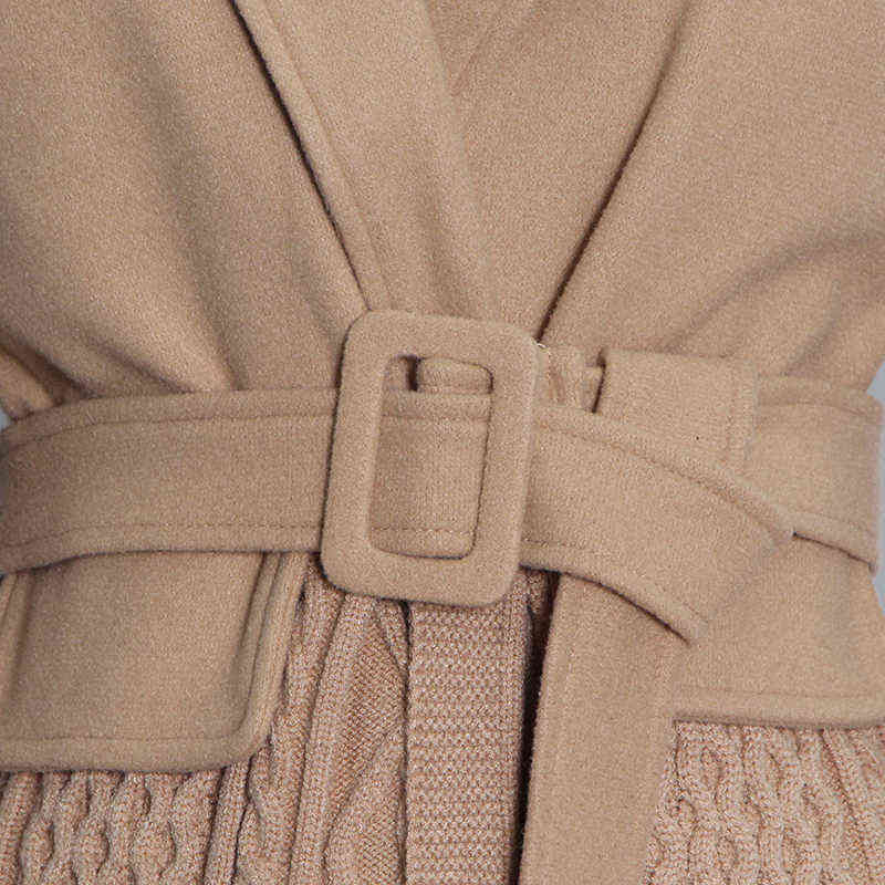 TWOTWINSTYLE Korean Fashion Female Blazer Notched Long Sleeve Patchwork Knitted Straight Loose Coats For Women Autumn Stylish 211122