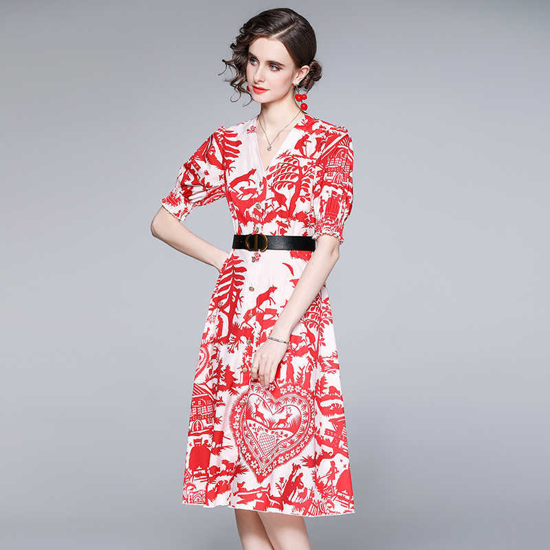 Women Summer Designer Elegant V Neck Puff Sleeve Sexy Slim Casual Party Robe Female Vintage Red Print Dress Vestidos 210525
Women Summer Designer Elegant V Neck Puff Sleeve Sexy Slim Casual Party Robe Female Vintage Red Print Dress Vestidos 210525