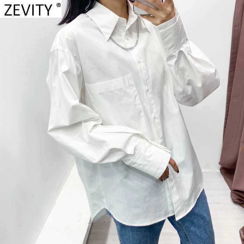 Zevity Spring Women Fashion Turn Down Collar White Smock Blouse Office Ladies Breasted Shirts Chic Blusas Tops LS9292 210603